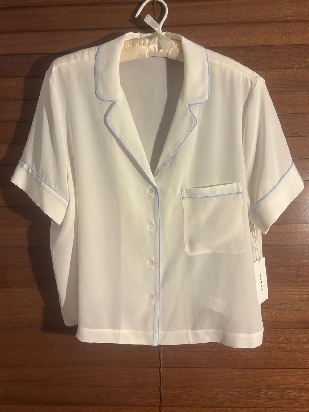 FRAME 100% Silk Short Sleeve Pajama Shirt White Clear Blue Multi Piping NWT